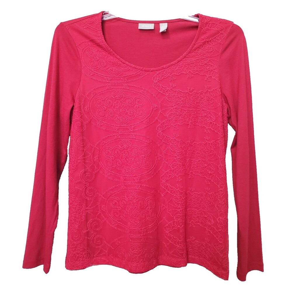 Chico’s Red Cotton/Modal Mesh Overlay Embroidered Long Sleeve Top Size 1 Medium